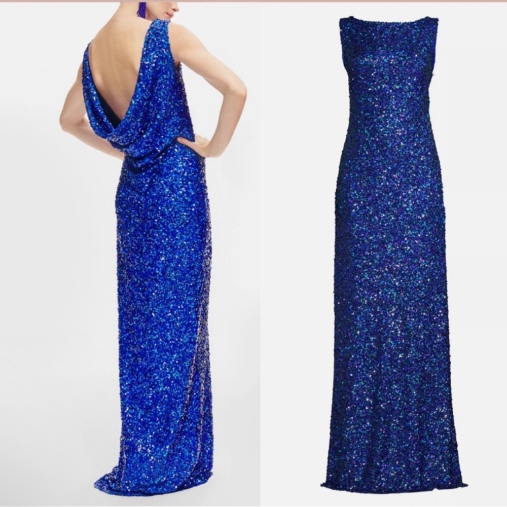 Sachin & Babi Mariah Embellished Sequin Boat Neck Draped Open Back Gown -Reemoly